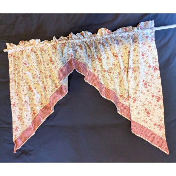 Pair Waverly Garden Room Swag Valance Curtain Set Red Gingham Cabbage Rose - Picture 1 of 8